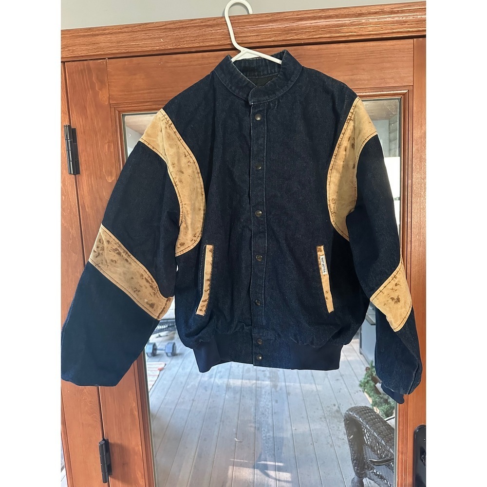 Mo Betta Vintage Mens Denim and Leather Western Bomber Jacket Blue Tan Large